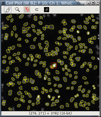 A cell plot for HCS data analysis and visualization
                   with a logical zoom lens aimed at the area marked by
                   a red rectangle